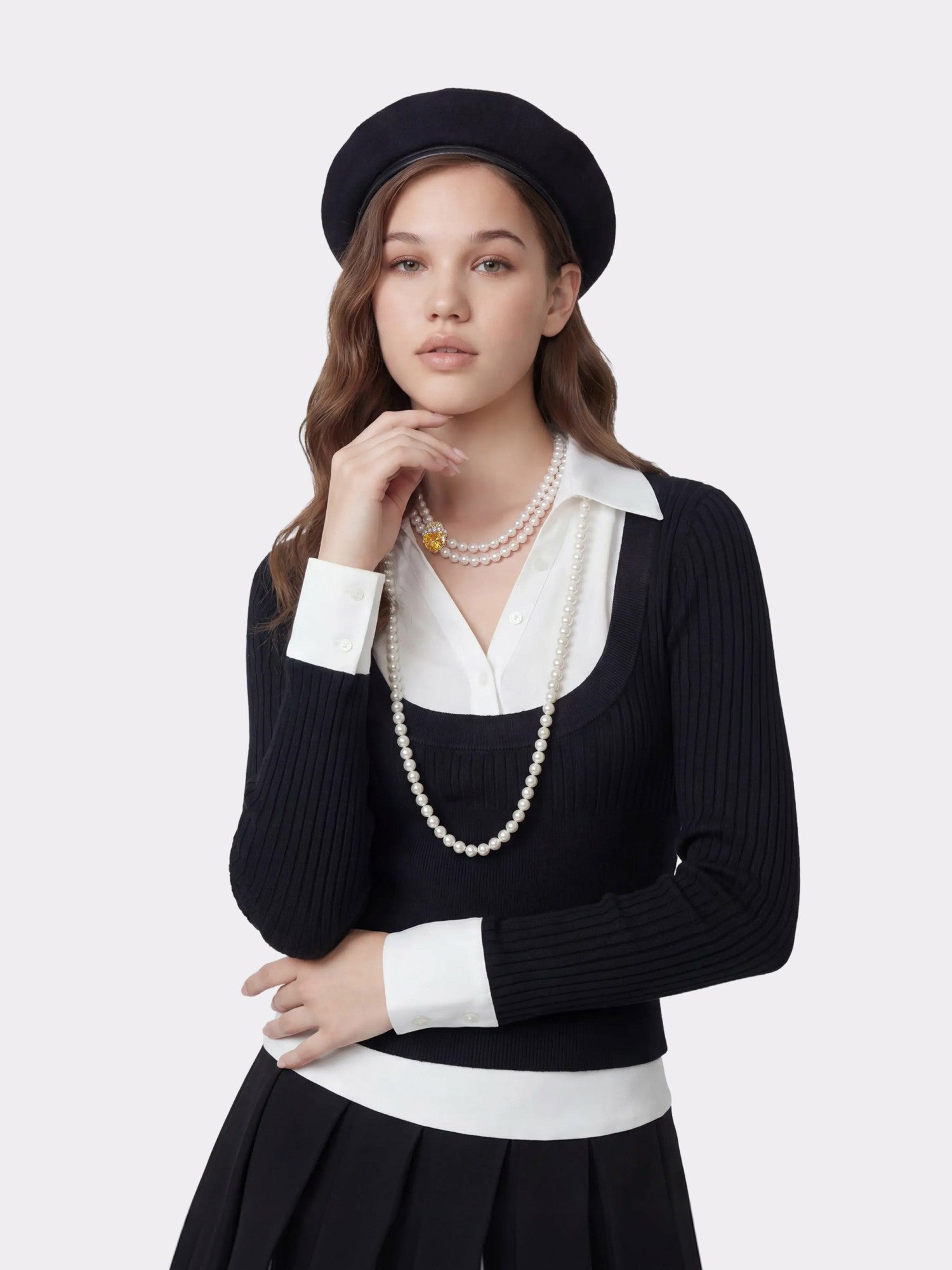 Nana Jacqueline Claudette Contrast Collar Rib Knit Black Top Black