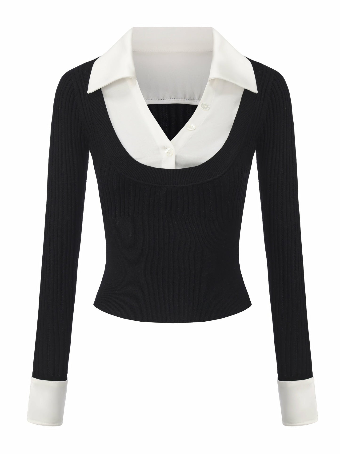 Nana Jacqueline Claudette Contrast Collar Rib Knit Black Top Black