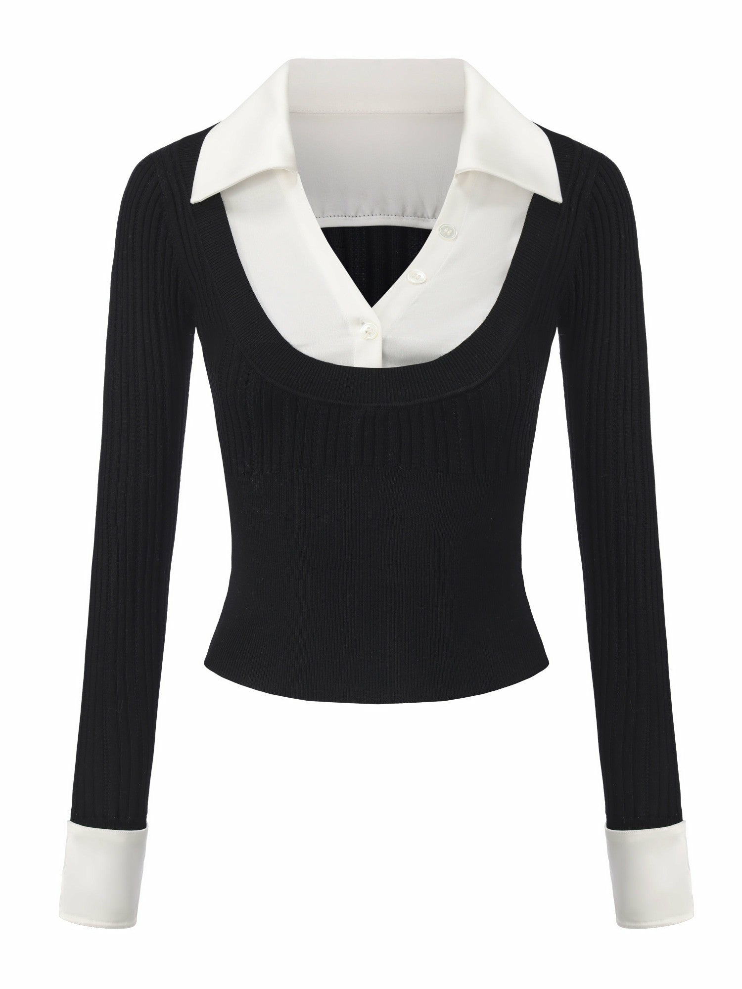 Nana Jacqueline Claudette Contrast Collar Rib Knit Black Top Black