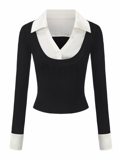 Nana Jacqueline Claudette Contrast Collar Rib Knit Black Top Black