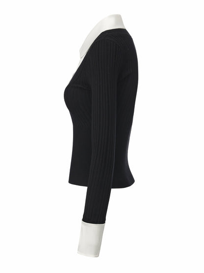 Nana Jacqueline Claudette Contrast Collar Rib Knit Black Top Black