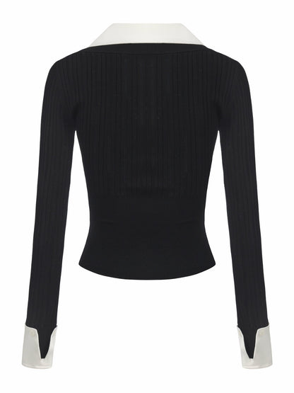 Nana Jacqueline Claudette Contrast Collar Rib Knit Black Top Black