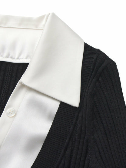 Nana Jacqueline Claudette Contrast Collar Rib Knit Black Top Black