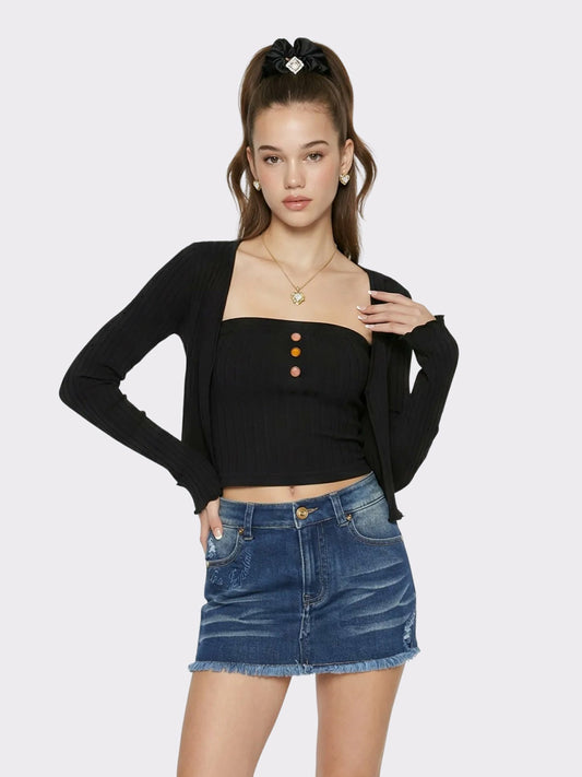 Nana Jacqueline Black Cropped Ribbed Knit Cardigan Black
