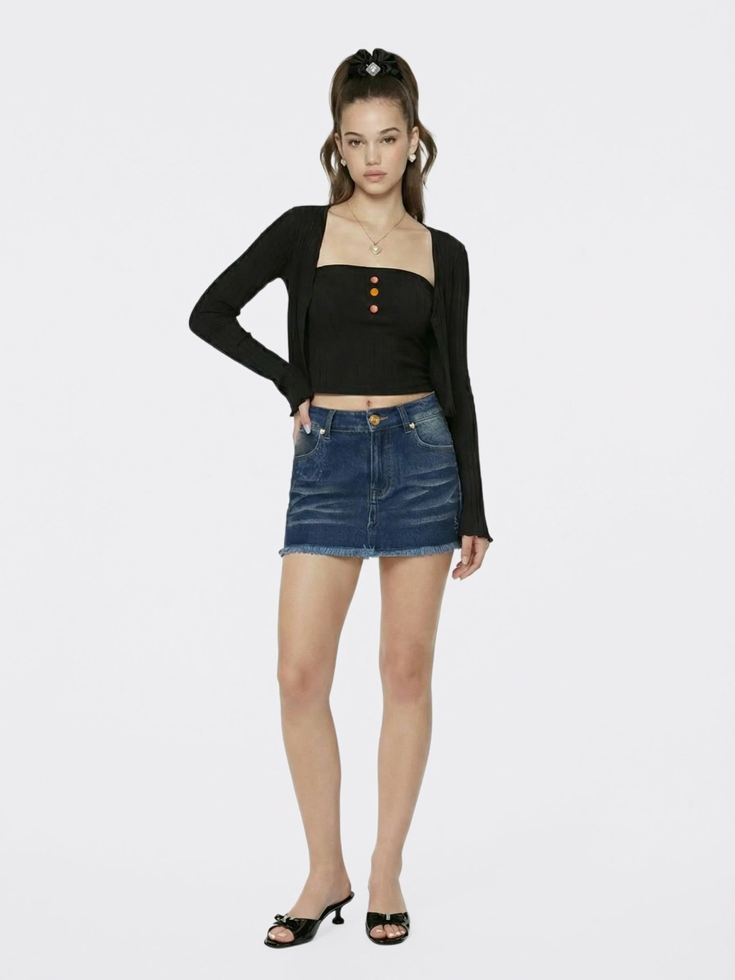 Nana Jacqueline Black Cropped Ribbed Knit Cardigan Black