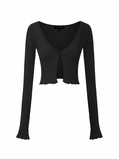 Nana Jacqueline Black Cropped Ribbed Knit Cardigan Black