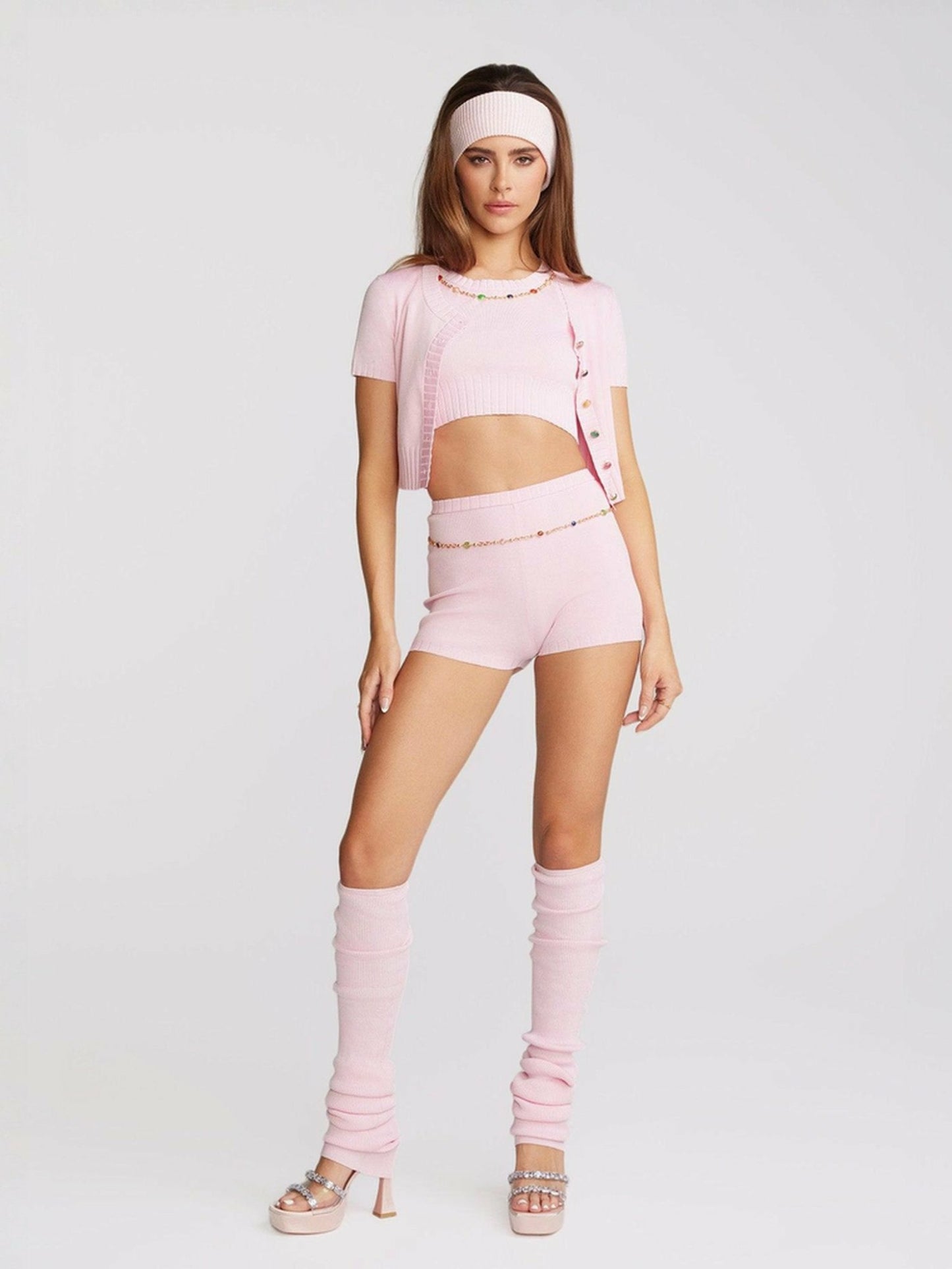 Nana Jacqueline Kennedy Knit Top Set: Pink Knit Set for Resort Brunch Pink