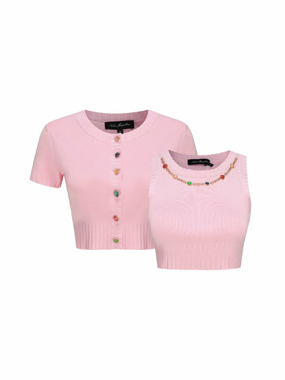Nana Jacqueline Kennedy Knit Top Set: Pink Knit Set for Resort Brunch Pink