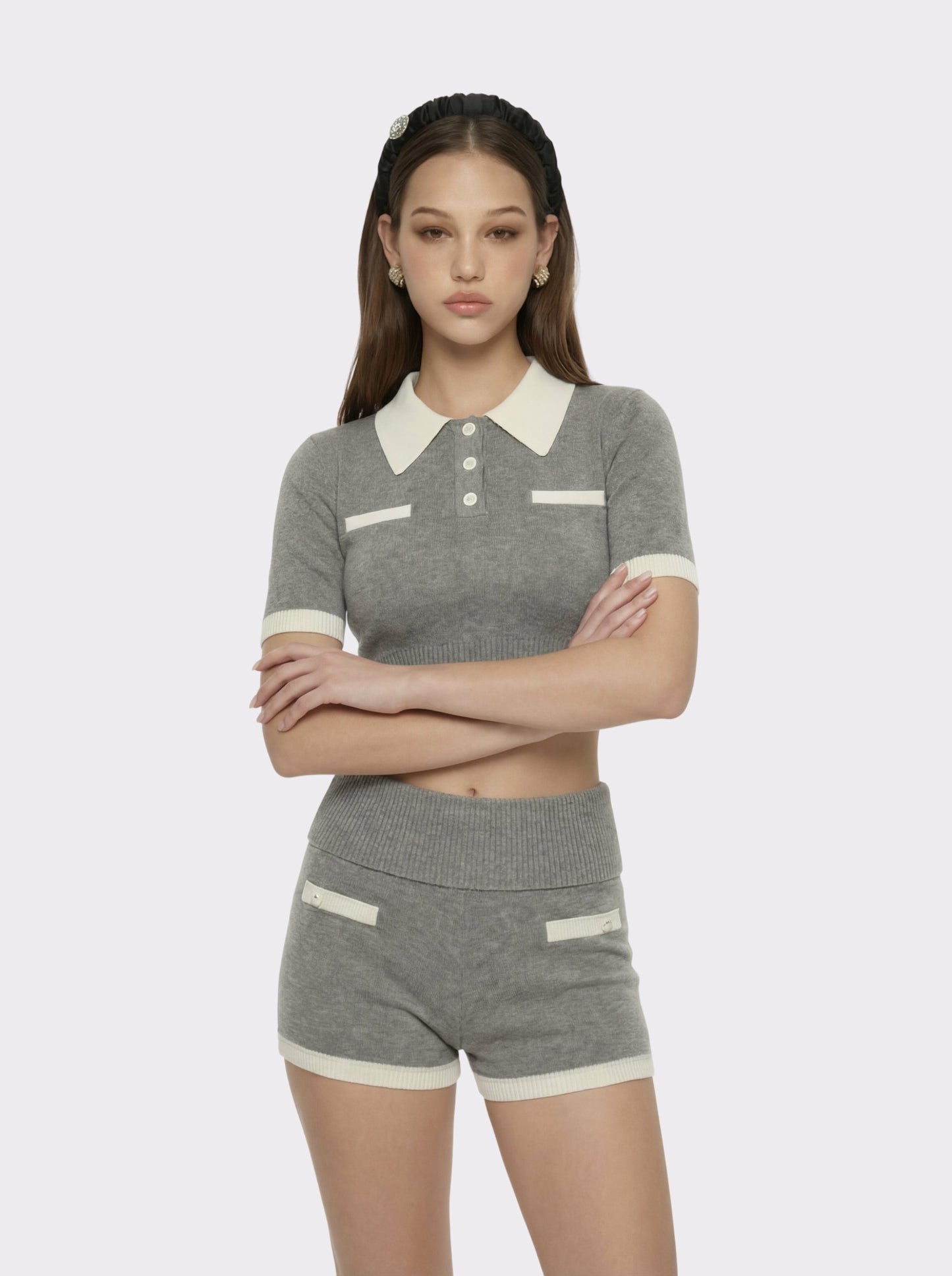 Nana Jacqueline Grey Knit Top with White Contrast Collar Grey
