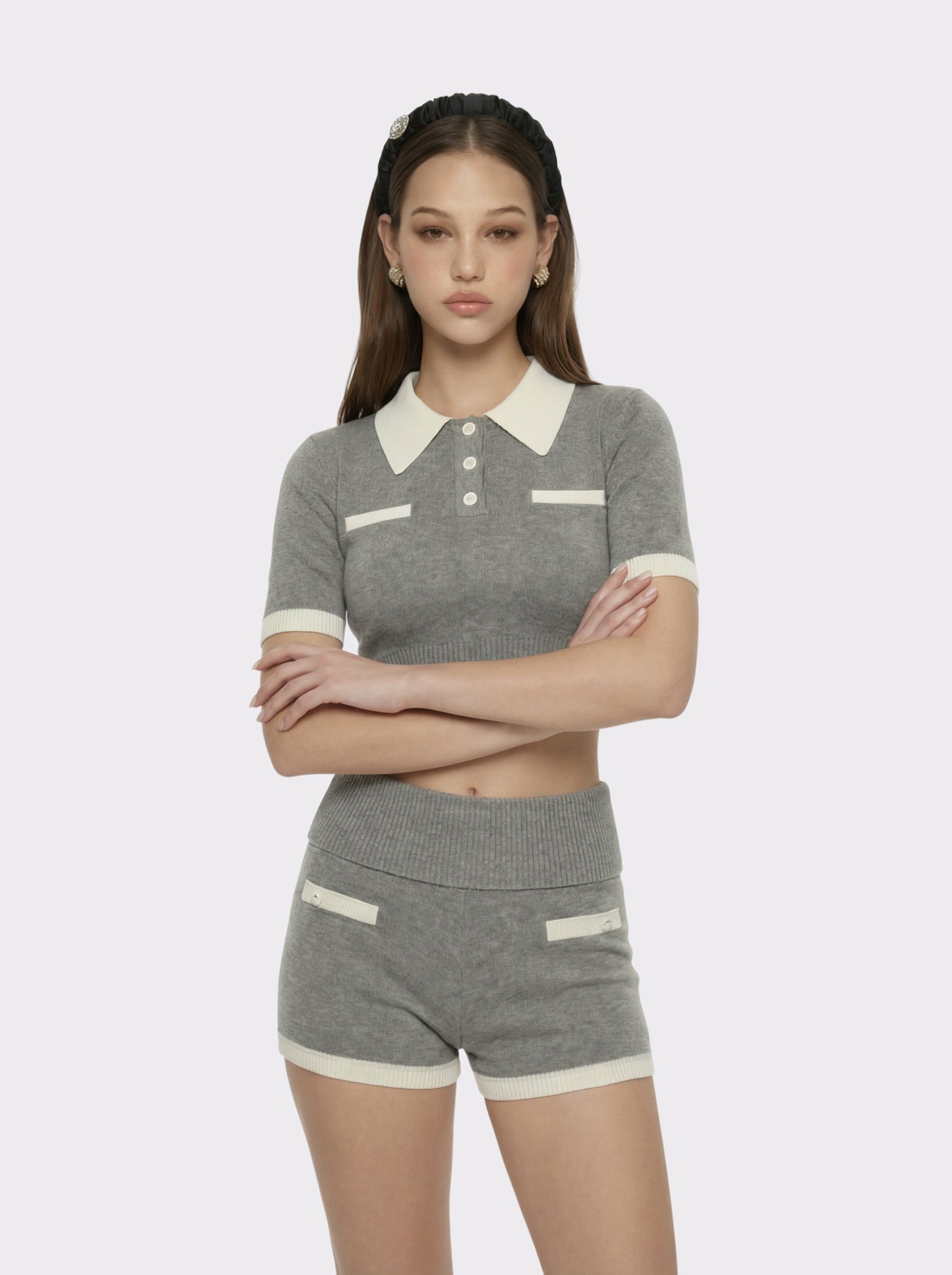 Nana Jacqueline Grey Knit Top with White Contrast Collar Grey
