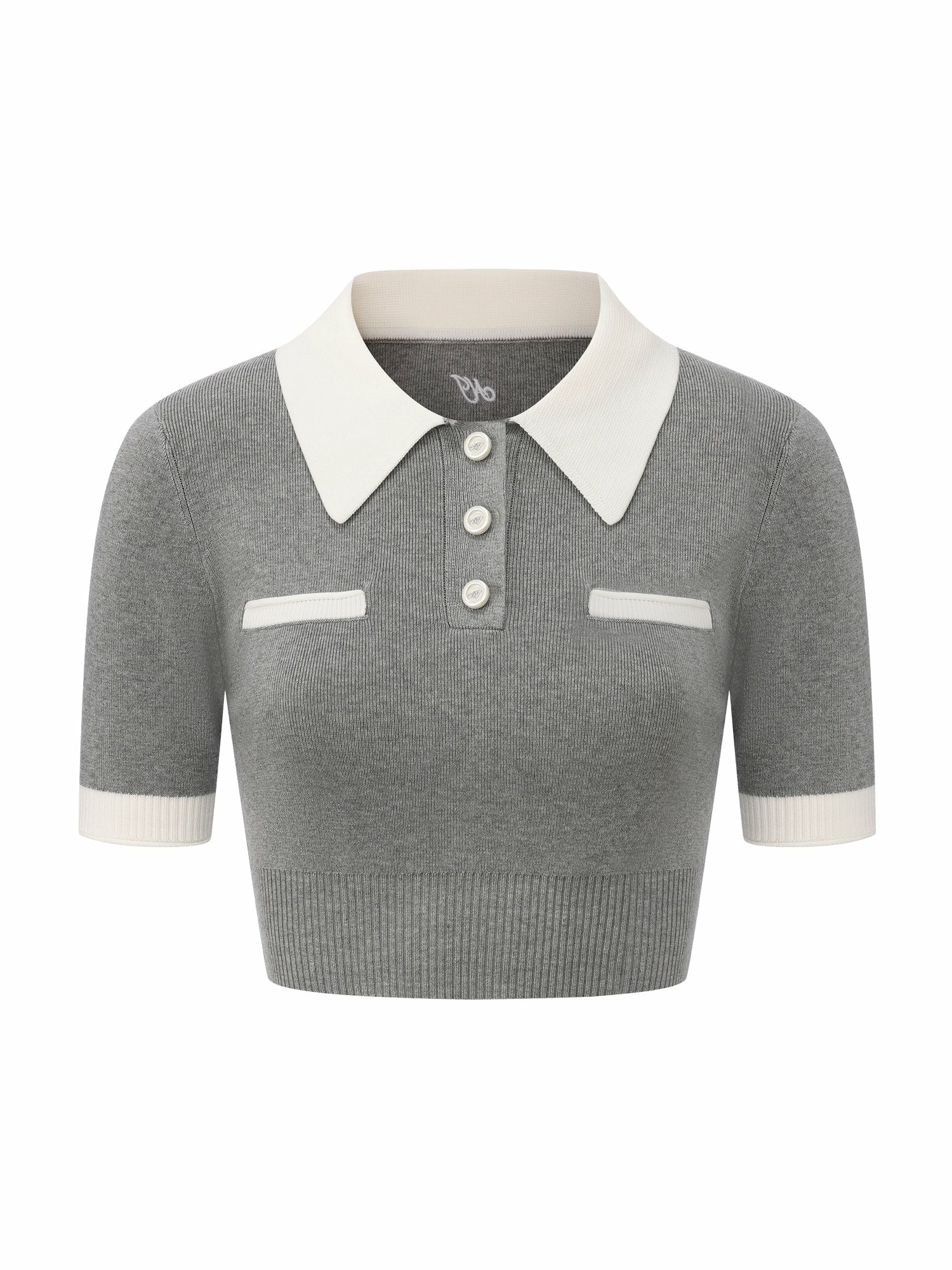Nana Jacqueline Grey Knit Top with White Contrast Collar Grey