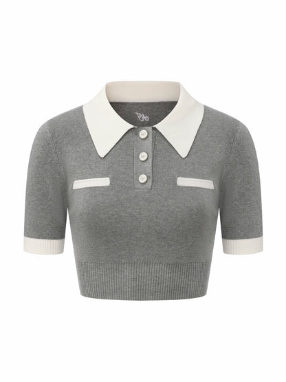 Nana Jacqueline Grey Knit Top with White Contrast Collar Grey