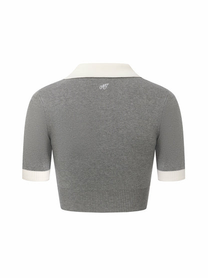 Nana Jacqueline Grey Knit Top with White Contrast Collar Grey