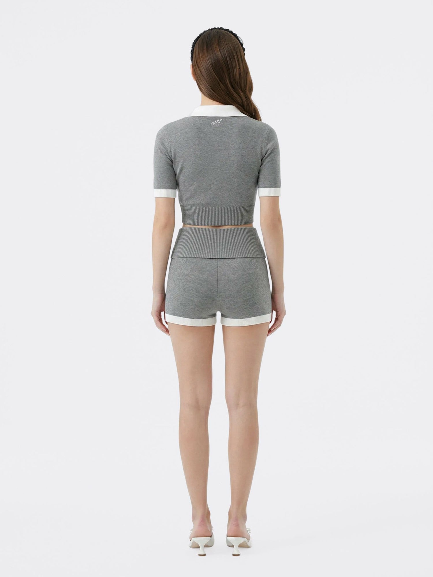Nana Jacqueline Grey Knit Top with White Contrast Collar Grey