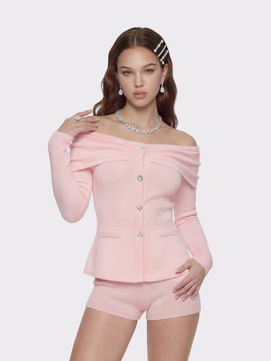 Nana Jacqueline Brigitte Off-Shoulder Knit Pink Top: Pink Knit Top for Brunch Pink