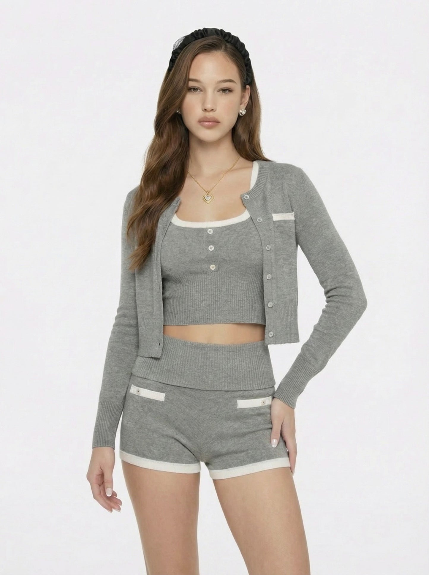 Nana Jacqueline Grey Fitted Round-Neck Knit Cardigan Grey