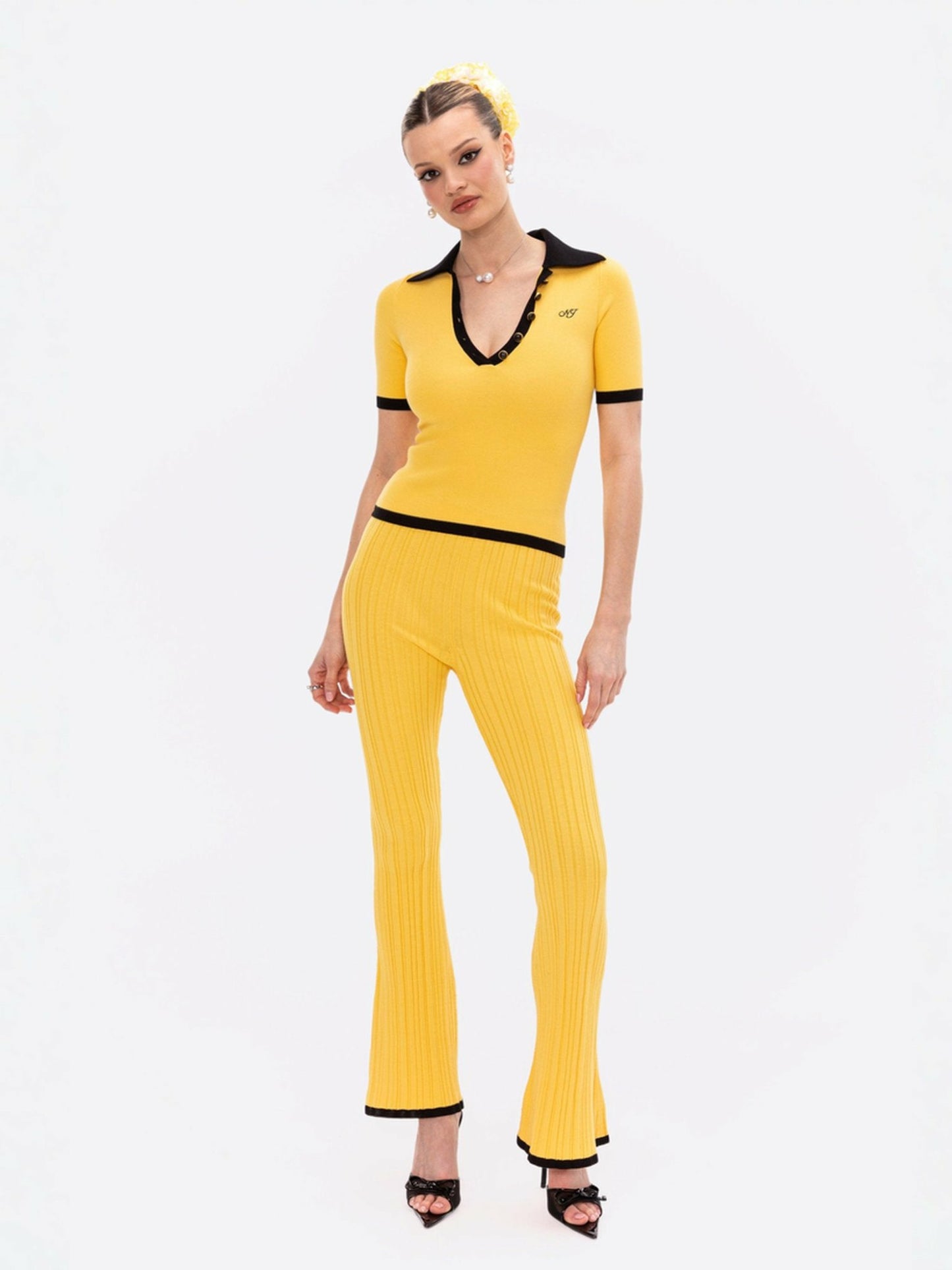 Nana Jacqueline Eliza Pants: Yellow Knit Pants for Resort Brunch Yellow