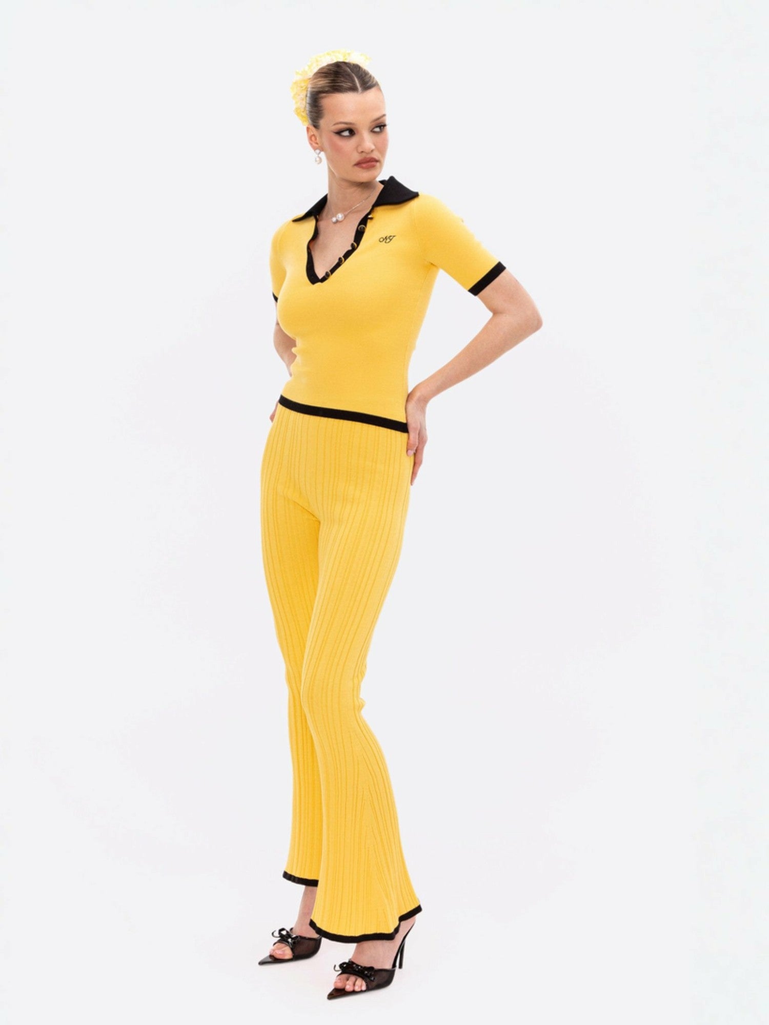 Nana Jacqueline Eliza Pants: Yellow Knit Pants for Resort Brunch Yellow