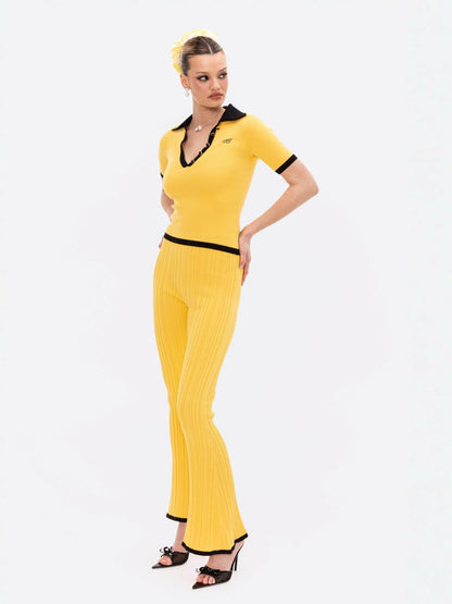 Nana Jacqueline Eliza Pants: Yellow Knit Pants for Resort Brunch Yellow