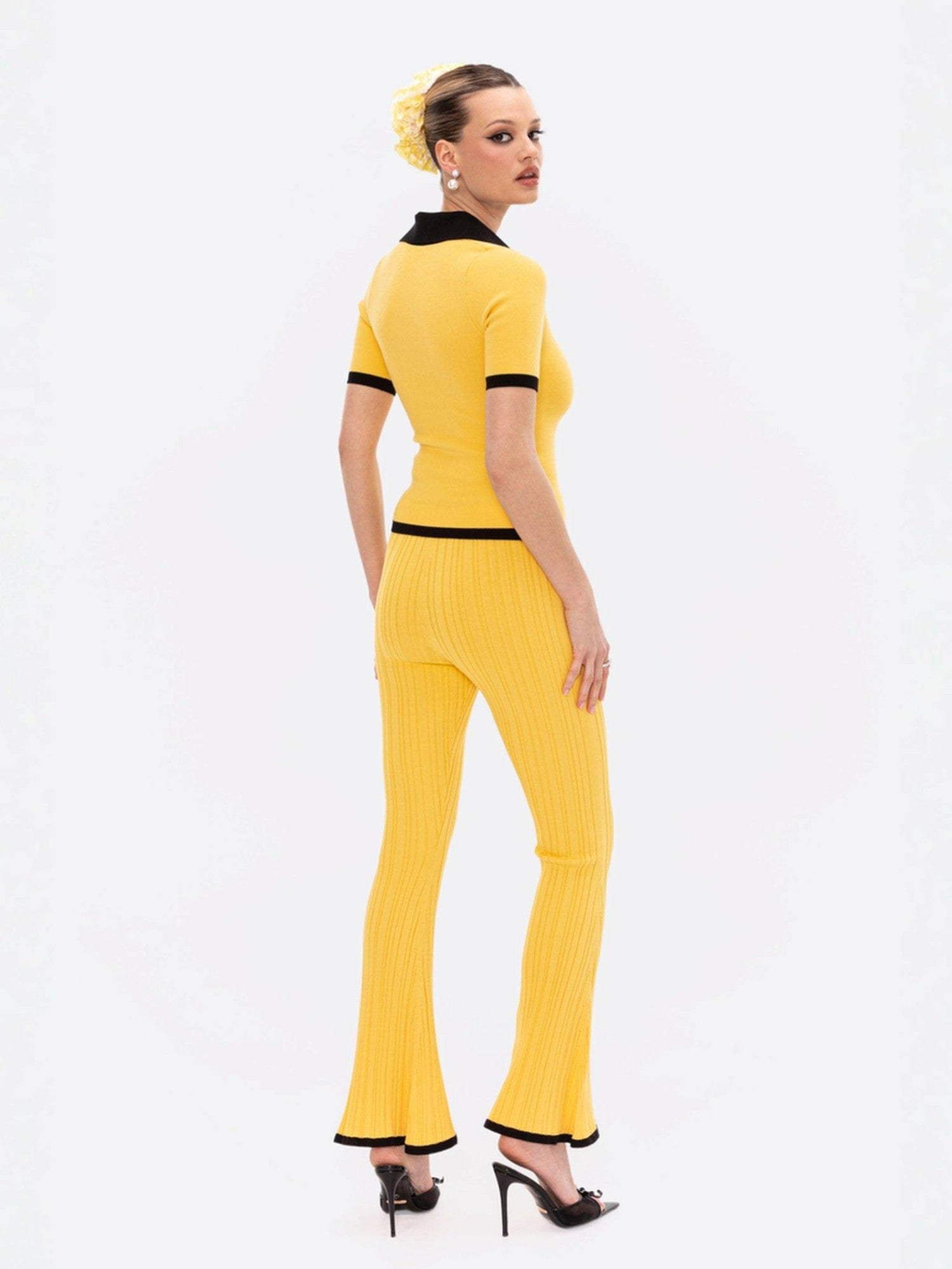 Nana Jacqueline Eliza Pants: Yellow Knit Pants for Resort Brunch Yellow