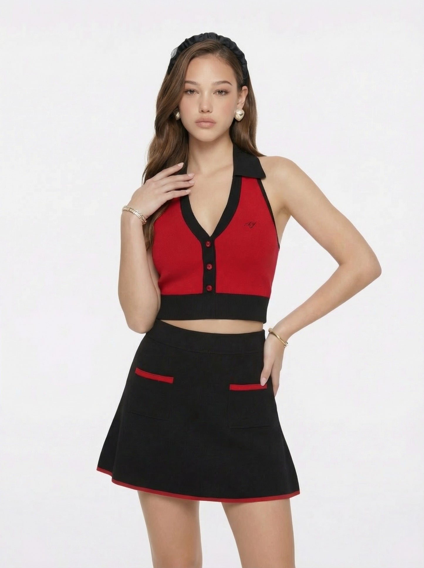 Nana Jacqueline Red Contrast Halter Knit Top Red