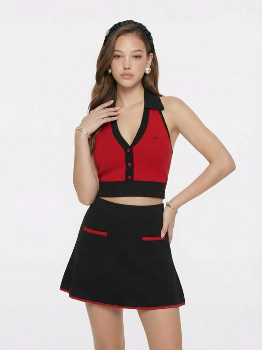 Nana Jacqueline Red Contrast Halter Knit Top Red