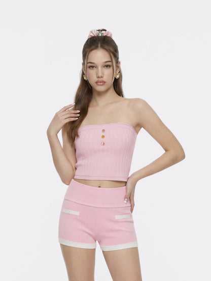 Nana Jacqueline Pink Knit Tube Top with Gemstone Buttons Pink