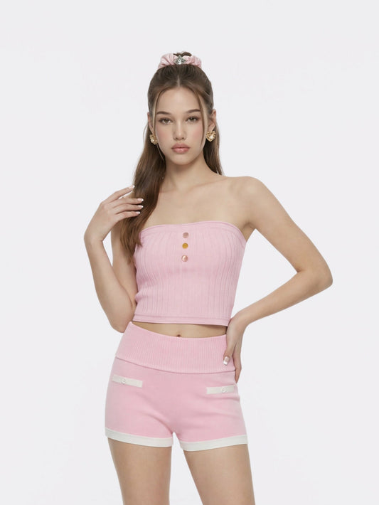 Nana Jacqueline Pink Knit Tube Top with Gemstone Buttons Pink