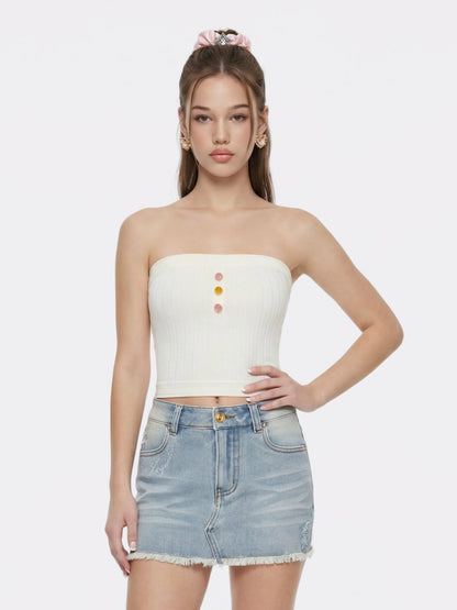 Nana Jacqueline White Knit Tube Top with Gemstone Buttons White