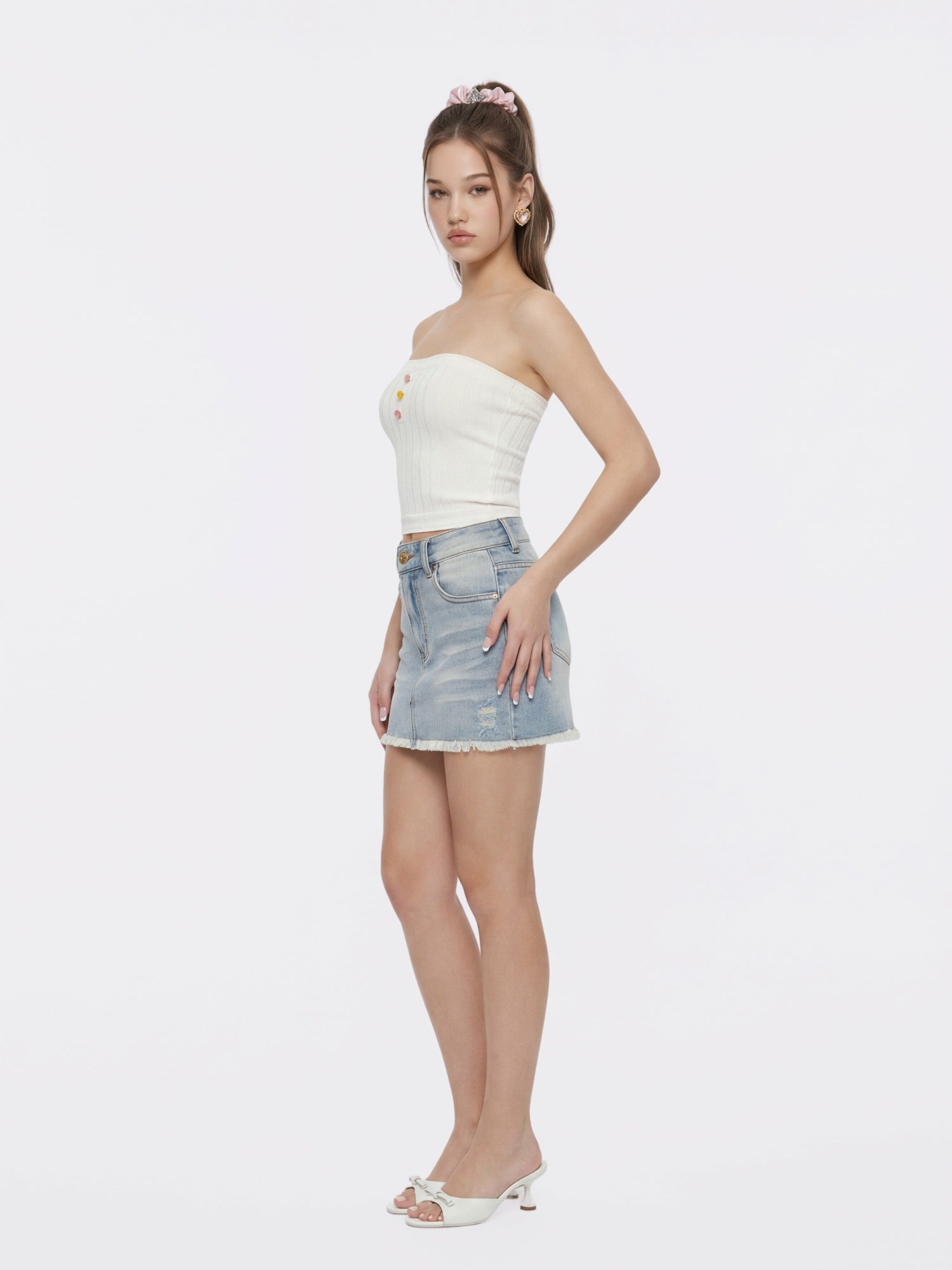 Nana Jacqueline White Knit Tube Top with Gemstone Buttons White