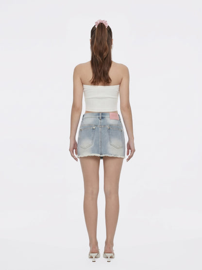 Nana Jacqueline White Knit Tube Top with Gemstone Buttons White