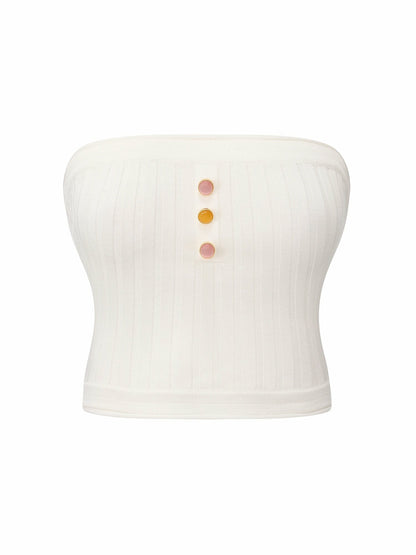 Nana Jacqueline White Knit Tube Top with Gemstone Buttons White