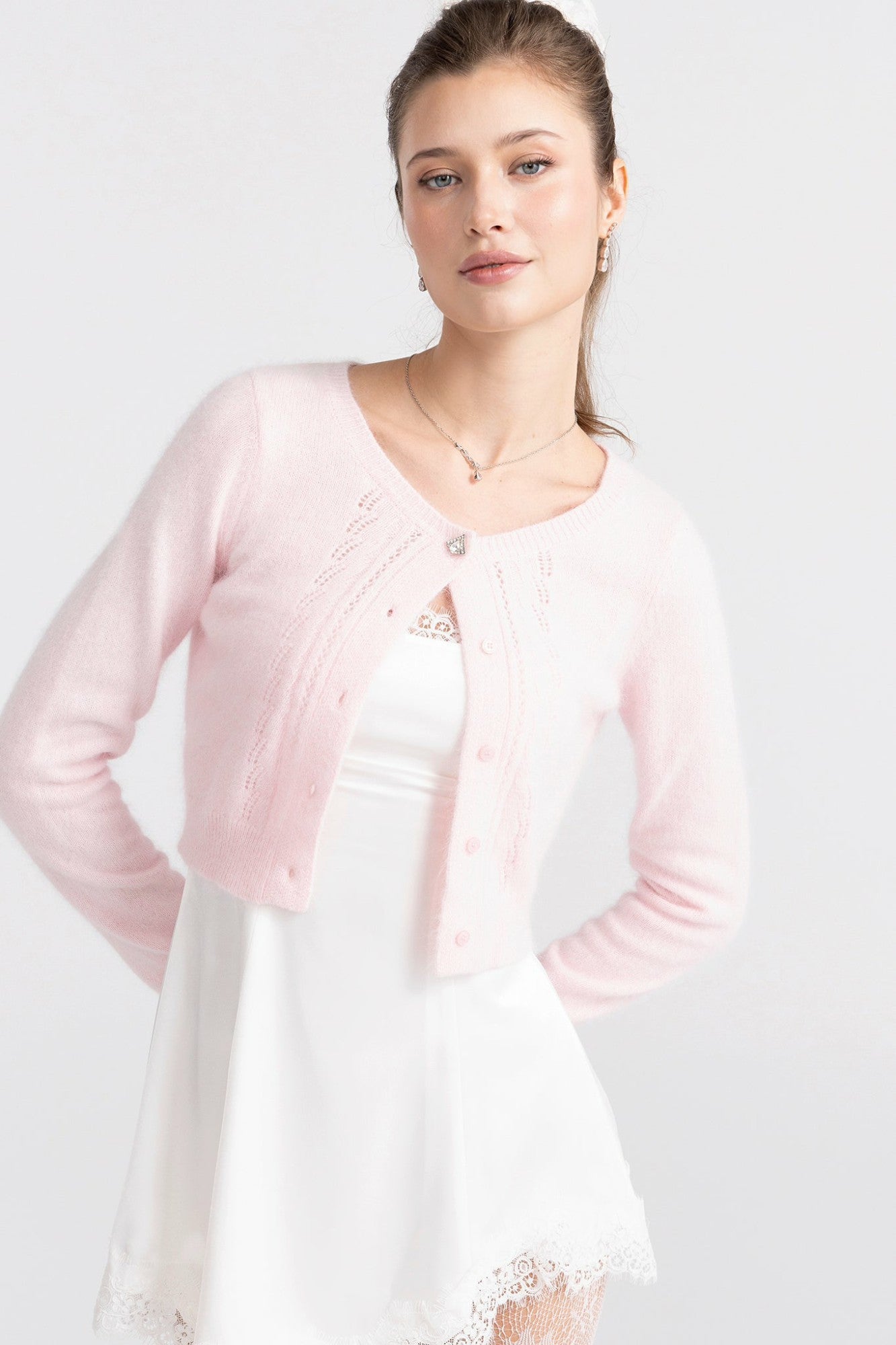 Nana Jacqueline Mirabelle Knitted Cardigan: Pink Cardigan for Brunch Pink