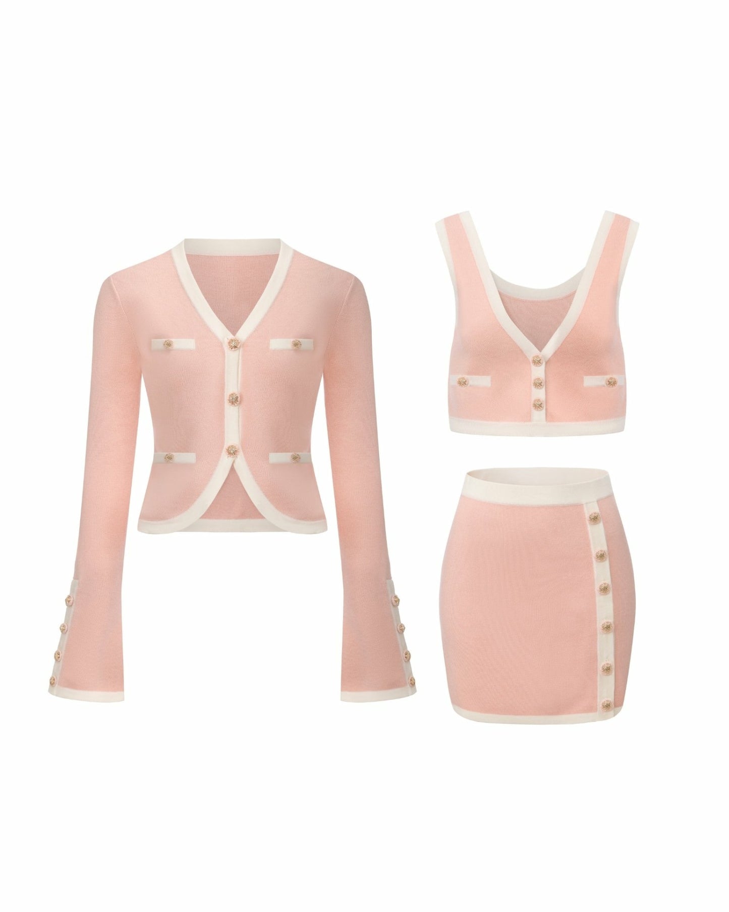 Nana Jacqueline Lisette Contrast-Trim Pink Knit Three-Piece Set: Pink Knit Set for Country Club Brunch Pink