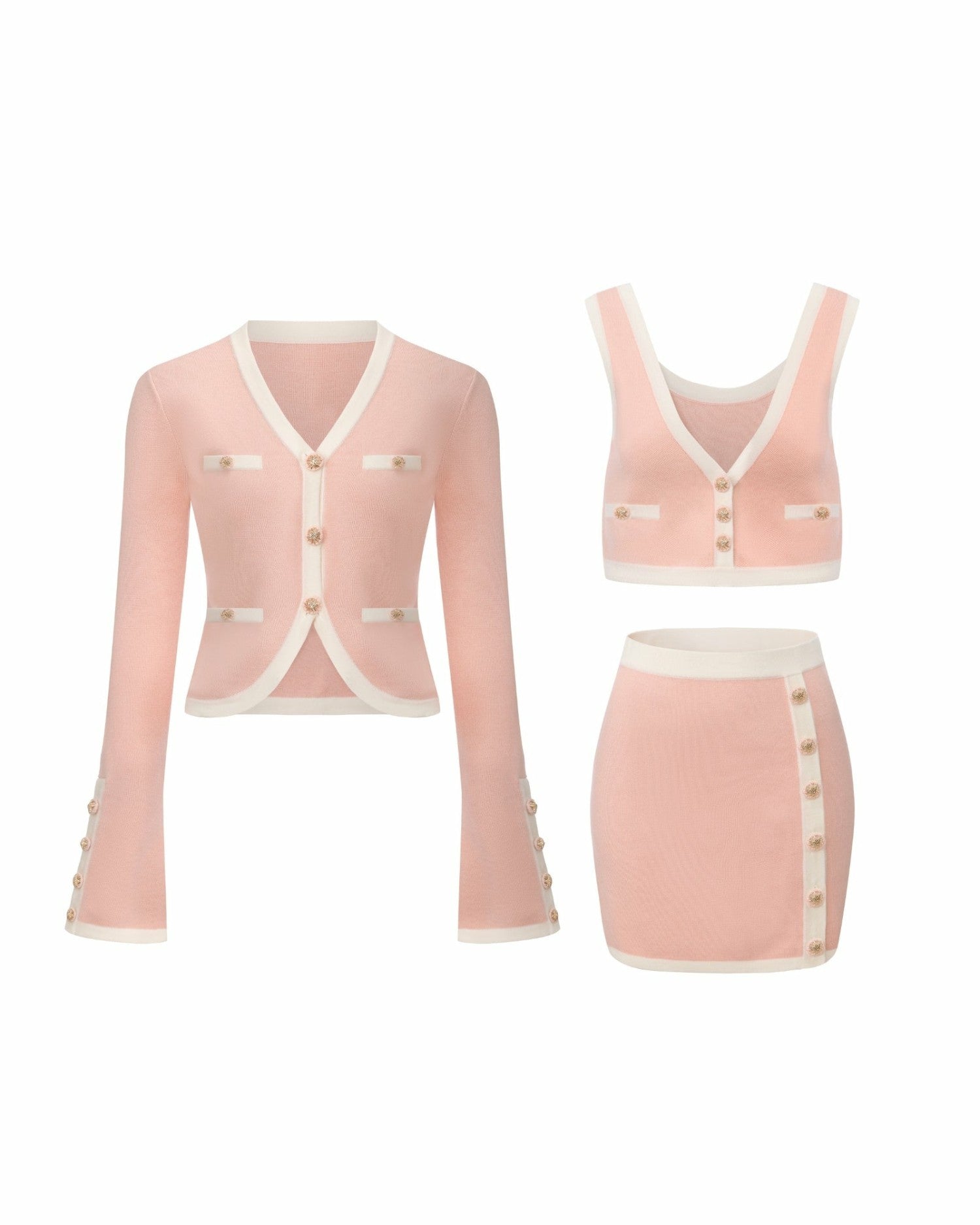 Nana Jacqueline Lisette Contrast-Trim Pink Knit Three-Piece Set: Pink Knit Set for Country Club Brunch Pink