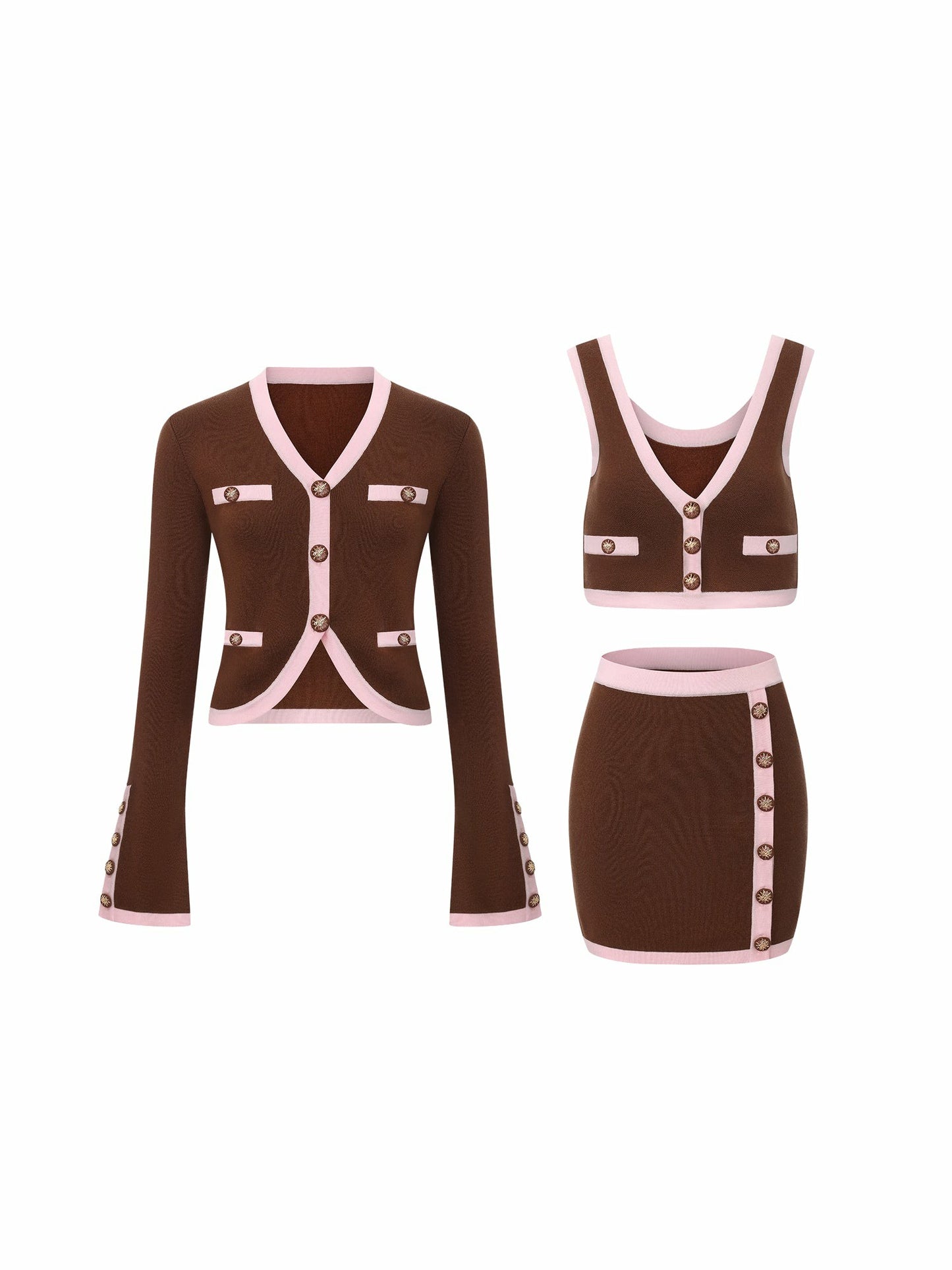 Nana Jacqueline Brown Contrast-Trim Knit Three-Piece Set Light Brown