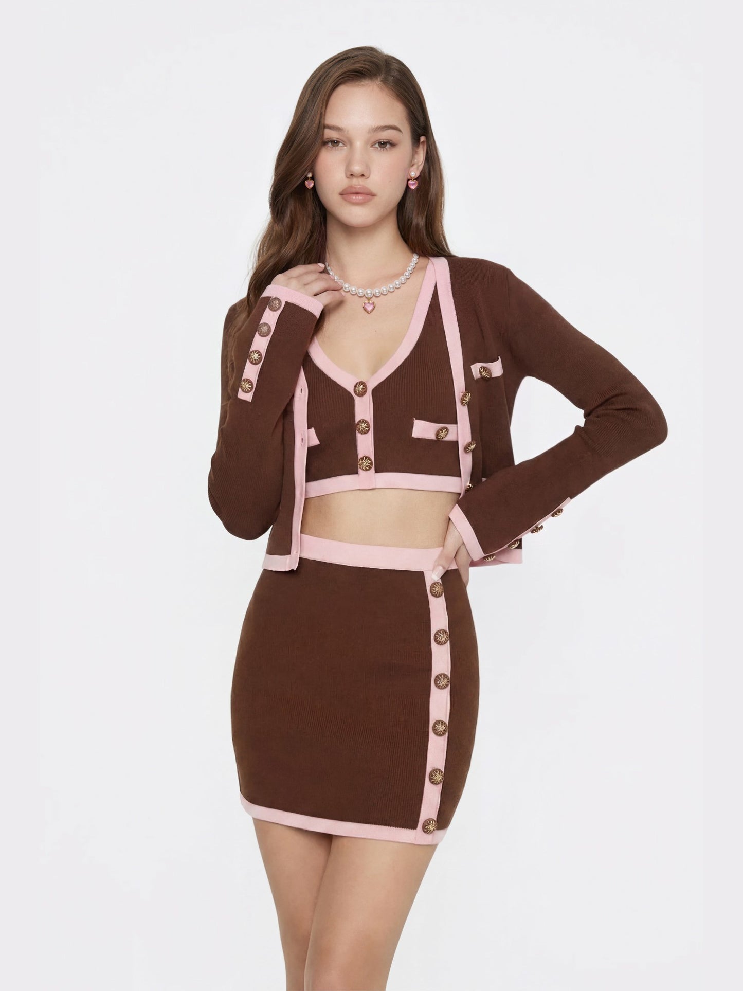 Nana Jacqueline Brown Contrast-Trim Knit Three-Piece Set Light Brown