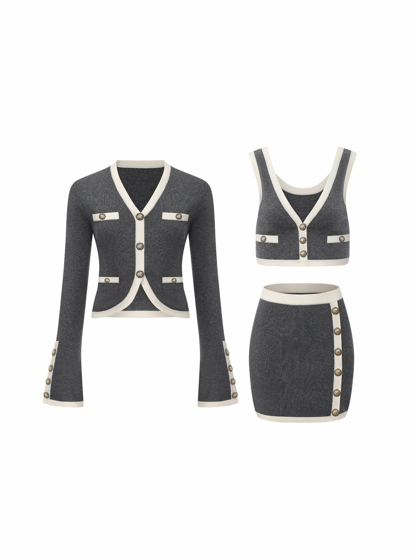 Nana Jacqueline Grey Contrast-Trim Knit Three-Piece Set – Grey Grey