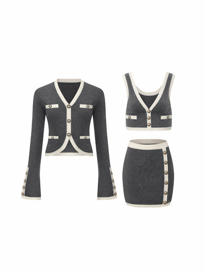 Nana Jacqueline Grey Contrast-Trim Knit Three-Piece Set – Grey Grey