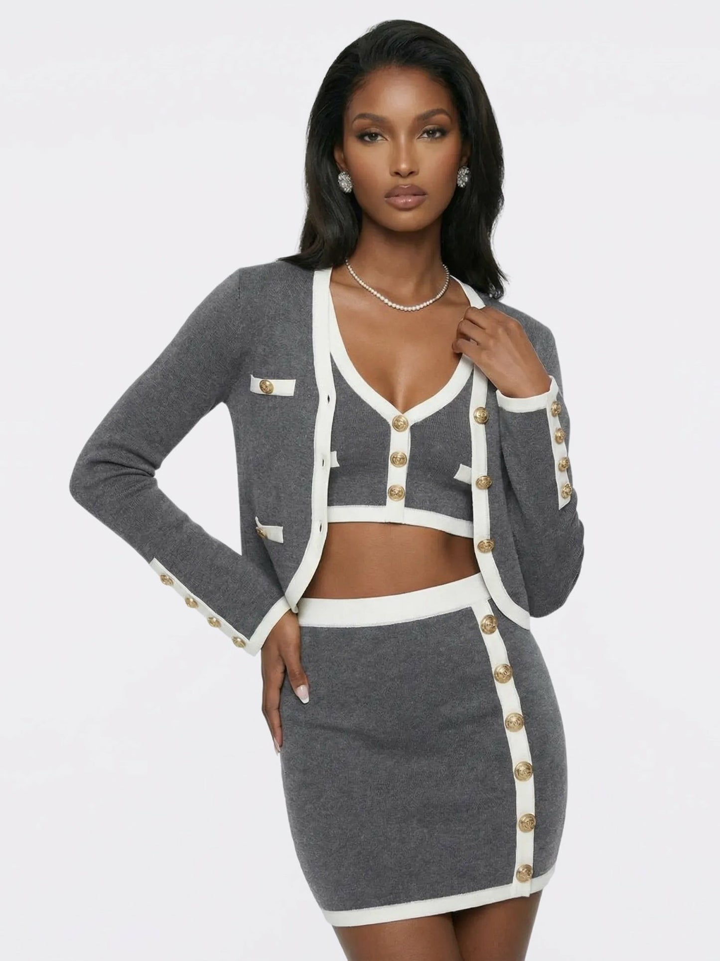 Nana Jacqueline Grey Contrast-Trim Knit Three-Piece Set – Grey Grey