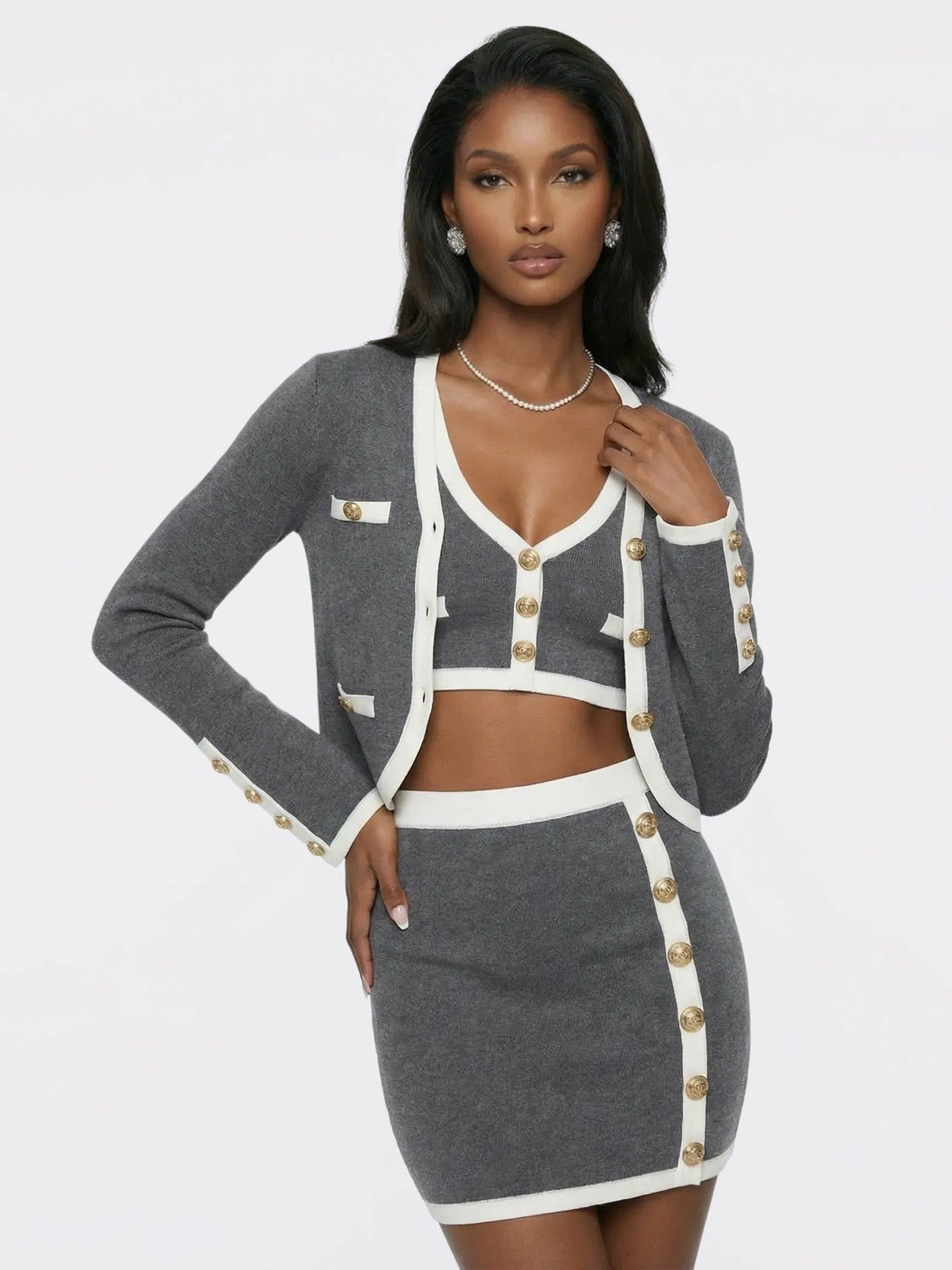 Nana Jacqueline Grey Contrast-Trim Knit Three-Piece Set – Grey Grey