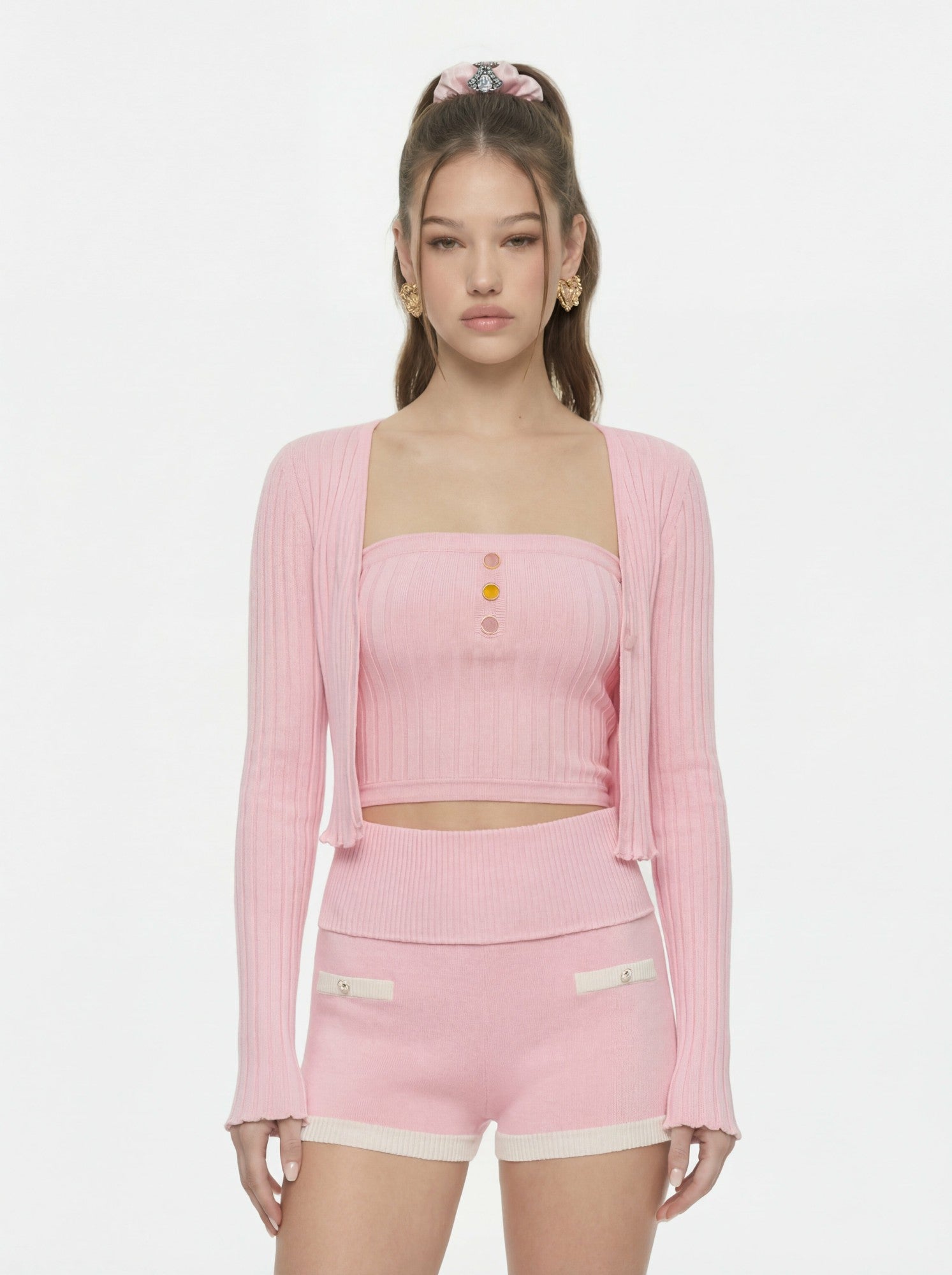 Nana Jacqueline Pink Cropped Ribbed Knit Cardigan Pink