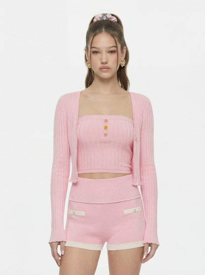Nana Jacqueline Pink Cropped Ribbed Knit Cardigan Pink