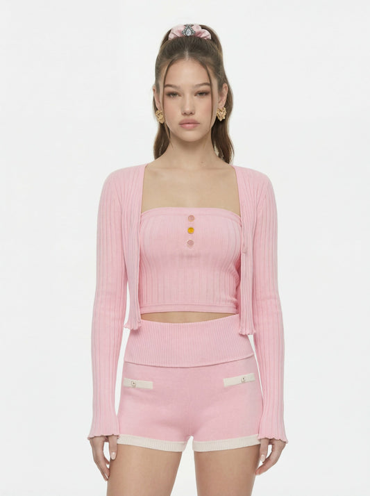 Nana Jacqueline Pink Cropped Ribbed Knit Cardigan Pink