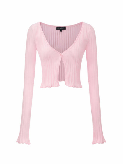 Nana Jacqueline Pink Cropped Ribbed Knit Cardigan Pink