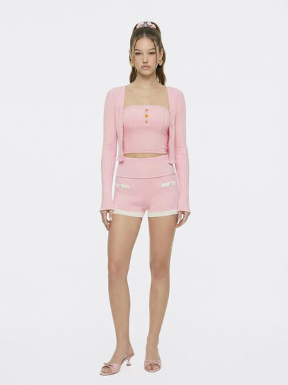 Nana Jacqueline Pink Cropped Ribbed Knit Cardigan Pink