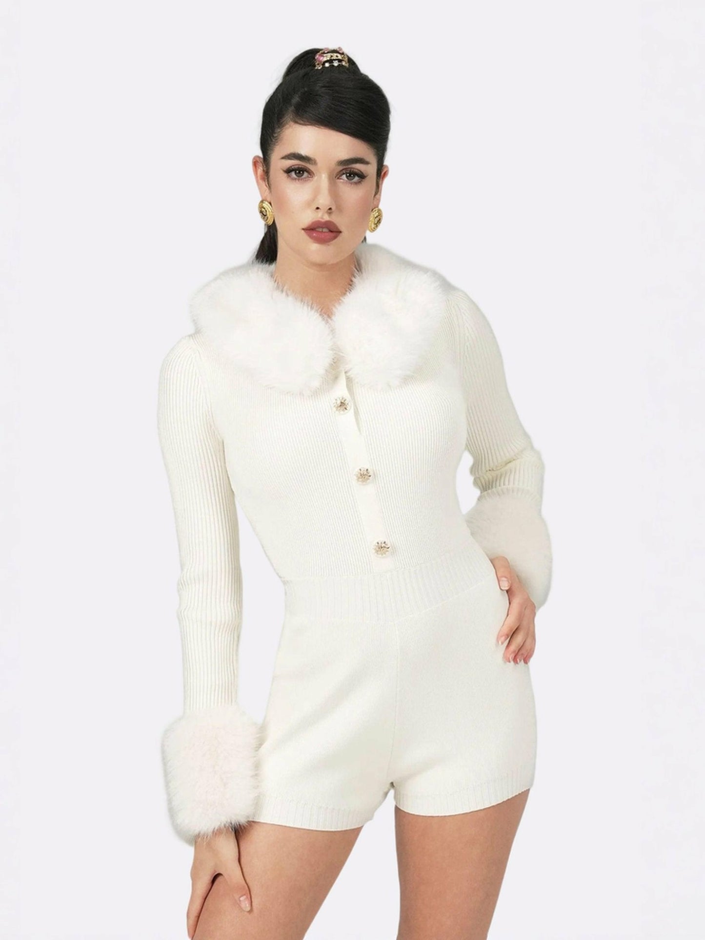 Nana Jacqueline Natalia Fur Jumpsuit: White Jumpsuit for Wedding After-Party White