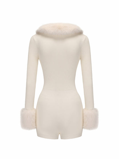 Nana Jacqueline Natalia Fur Jumpsuit: White Jumpsuit for Wedding After-Party White