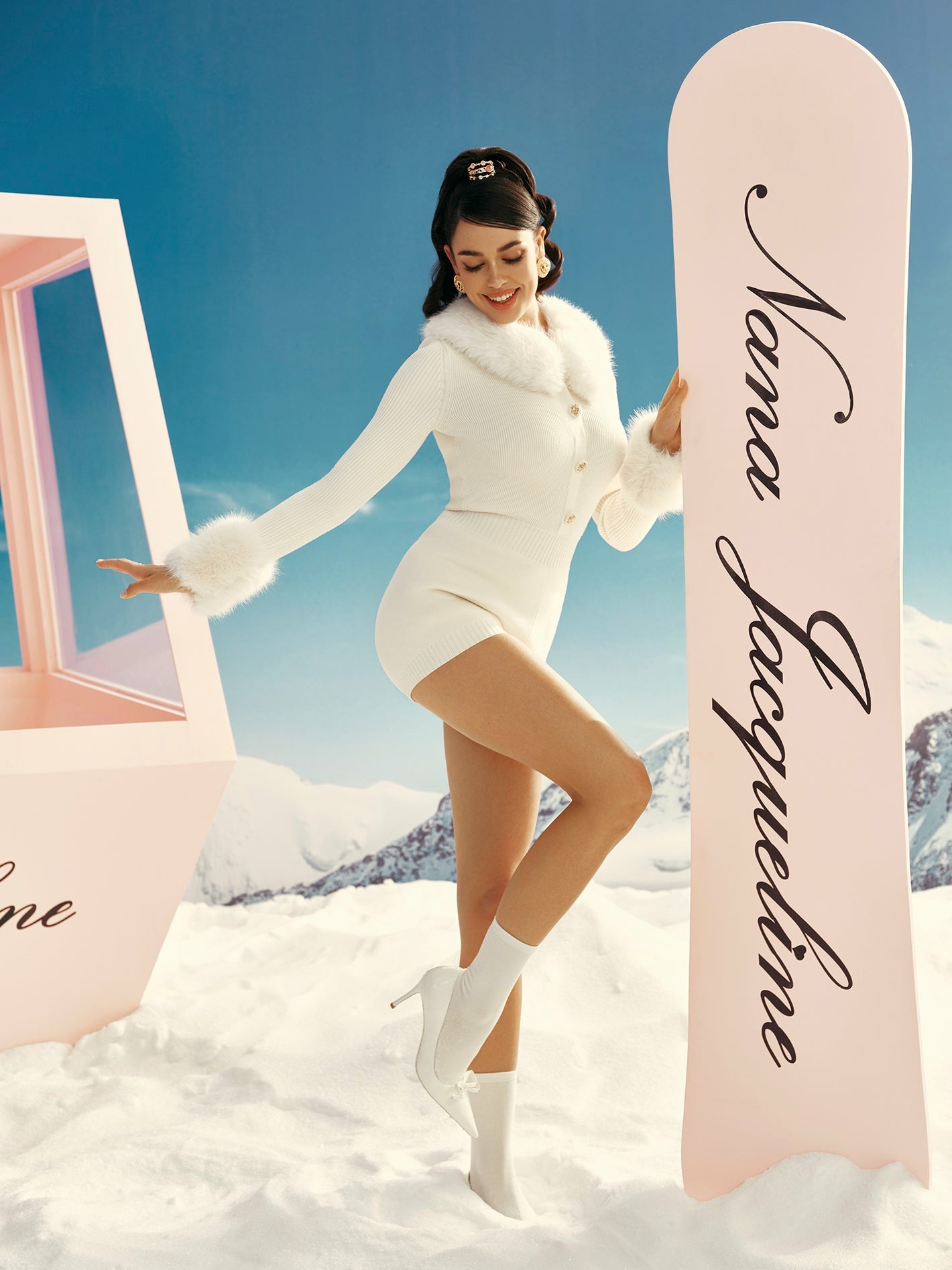 Nana Jacqueline Natalia Fur Jumpsuit: White Jumpsuit for Wedding After-Party White