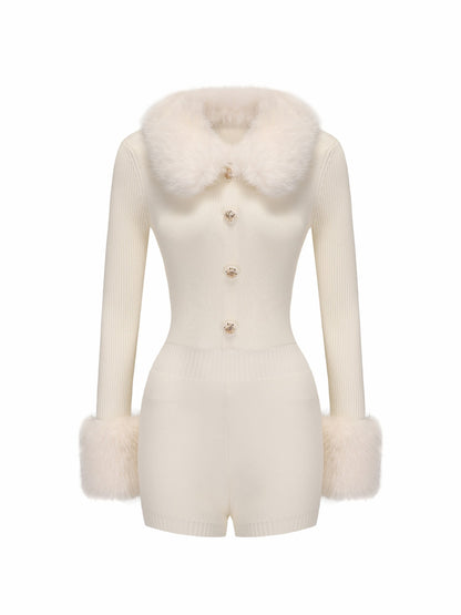 Nana Jacqueline Natalia Fur Jumpsuit: White Jumpsuit for Wedding After-Party White